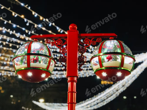 Preview: Street lamps decorated for Christmas with lights shining in the background