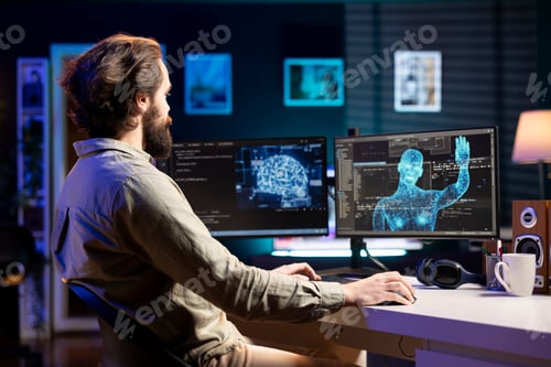 Preview: Artificial intelligence becoming sentient, greeting IT expert at desk