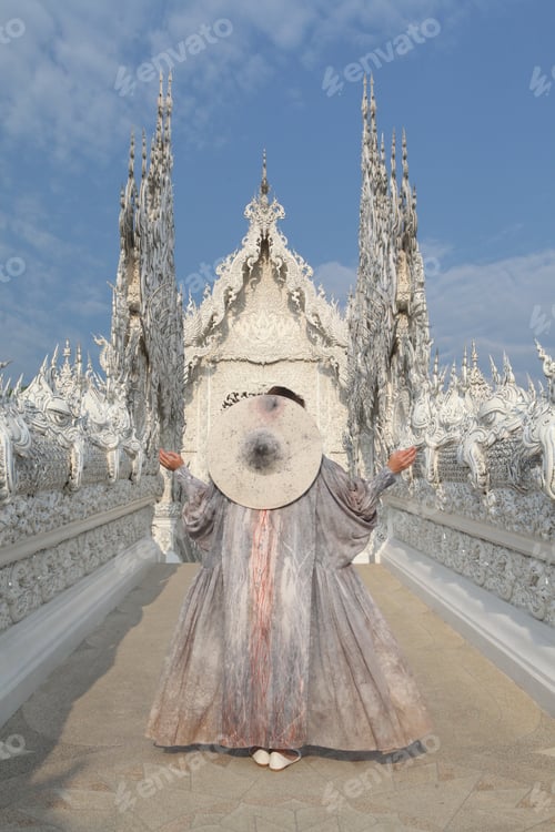 Preview: Tourist Girl In Dress, Hat. Wat Rong Khun, White Temple In Chiang Rai City, Thailand. Religious