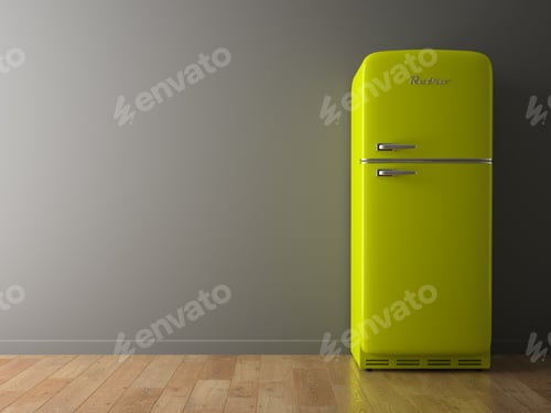 Preview: Interior with green fridge 3D illustration