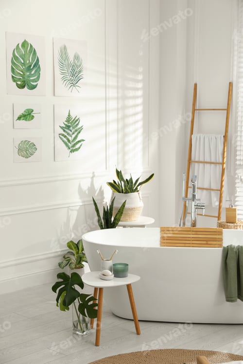 Preview: Stylish bathroom interior with green plants. Home design