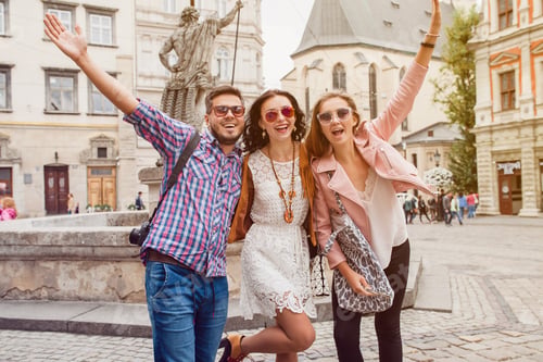 Preview: young hipster company of friends traveling, vintage style, europe vacation
