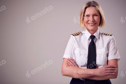 Preview: Studio Portrait Of Smiling Mature Female Airline Pilot Against Plain Background