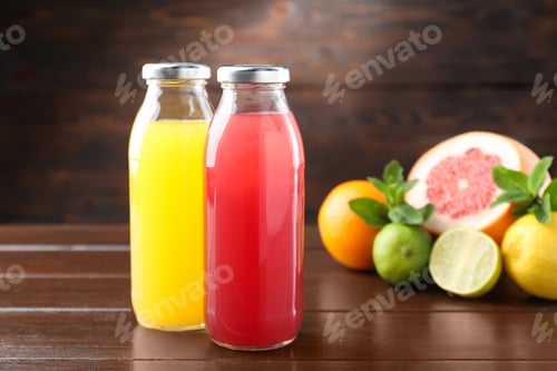Preview: Tasty juices in glass bottles, fresh fruits and mint on wooden table, selective focus