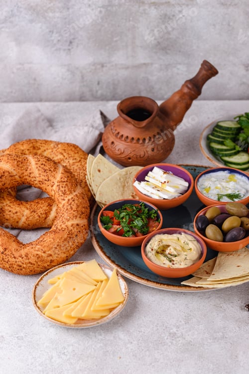 Preview: Traditional Turkish breakfast with meze and simit