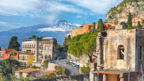 Preview: Etna volcano and Taormina town aerial panoramic view