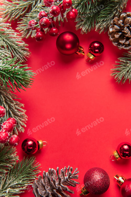 Preview: Christmas holiday season border with fir branches and berries