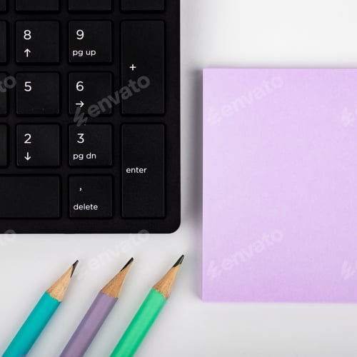 Preview: Office Stationery Notepads Ruler Stapler Scissors Paper Clips Holders Clipboard Placed Over Table
