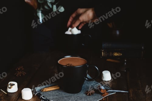 Preview: Hot Chocolate Drink with Marshmallows on Rustic Table
