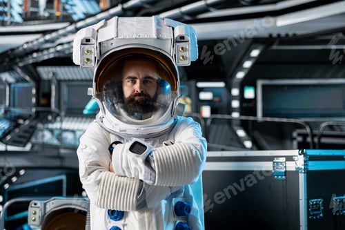 Preview: Portrait of astronaut testing helmet systems during routine equipment check