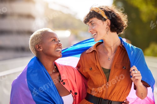 Preview: Friends, city and pride flag in street with support, smile and solidarity with human rights for lgb