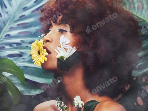 Preview: Skincare face, flowers and nature woman with eco friendly product, organic makeup or natural cosmet