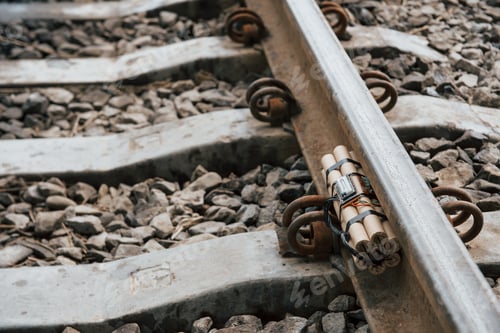 Preview: Rusty metal. Timebomb on the railway at daytime outdoors. Conception of terrorism and danger