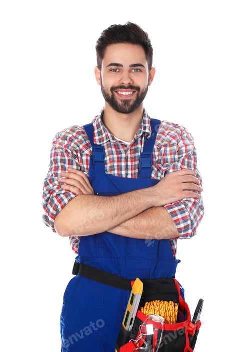 Preview: Portrait of construction worker with tool belt on white background
