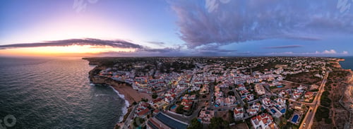 Preview: Evening at Carvoeiro popular tourist town in Algarve , Portugal. Aerial drone view