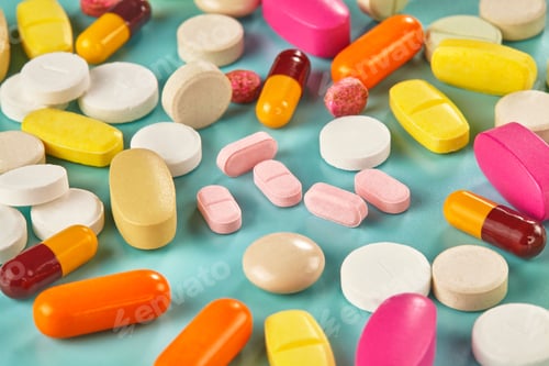 Preview: Closeup shot of a pile of scattered colorful medicines on the cyan background