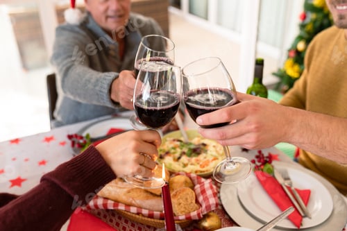 Preview: Happy caucasian family toasting at christmas table