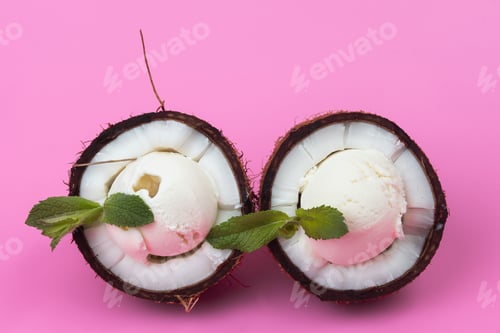 Preview: Vanilla ice cream balls in fresh coconut halves decorated with mint leaves on a pink background