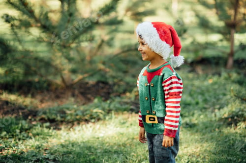 Preview: Christmas in july. Child waiting for Christmas in wood in july.