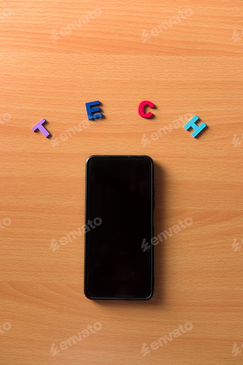 Preview: A mobile phone with the word tech in colored letters