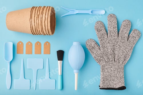 Preview: Gardening tools on blue background flat lay