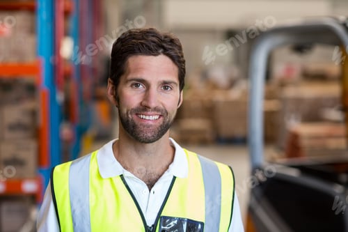 Preview: warehouse worker wearing yellow vest is standing in aisle with forklift beside shelves and boxes