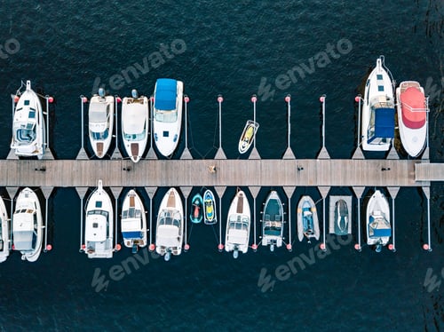 Preview: Aerial view of boats jet ski in dock in summer Finland. Colorful landscape sailboats and motorboats
