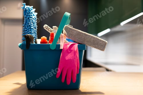 Preview: Professional cleaning bucket with accessories. Bucket full of cleaning products