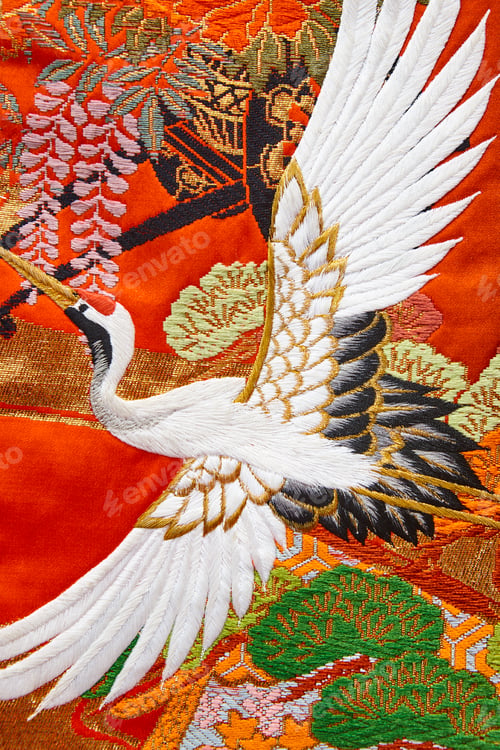 Preview: Traditional japanese kimono textile pattern style with crane element. Ornamental