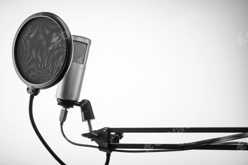 Preview: Condenser professional microphone with black pop filter on stand. Copy space.