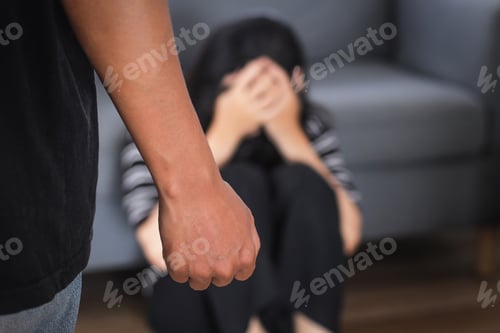 Preview: Fist, Scared And Woman Covering Face With Hands For Domestic Violence