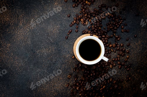 Preview: cup of i black coffee and coffee beans on dark