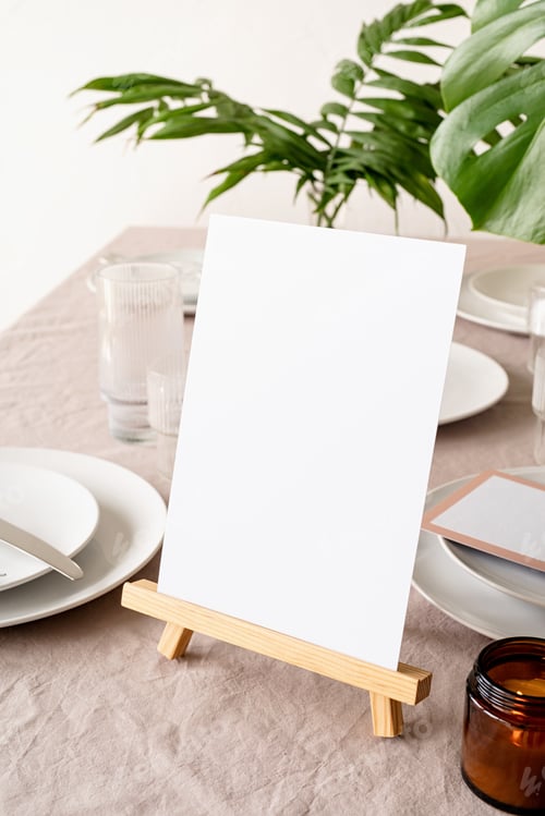 Preview: Mock up table tent, menu or stand for booklet on restaurant table with tropical bouquet