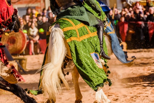 Preview: Detail of the legs of galloping horses adorned as medieval mounts mounted by knights