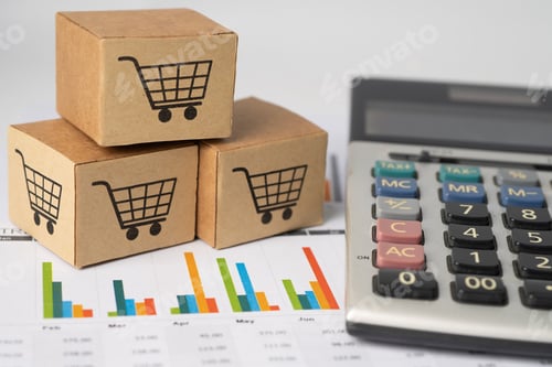 Preview: Shopping cart logo on box with calculator on graph background.