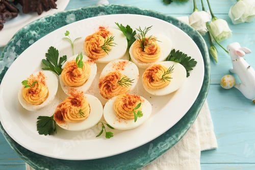 Preview: Stuffed or deviled eggs with paprika and parsley on blue plate for easter table. Traditional dish fo
