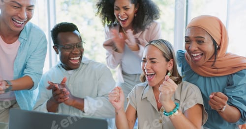 Preview: Business people, laptop and high five success in modern office for web design collaboration, goals