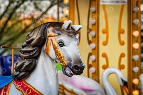 Preview: Merry - go - round horse at the fairground .The old carousel in the park of culture and recreation.