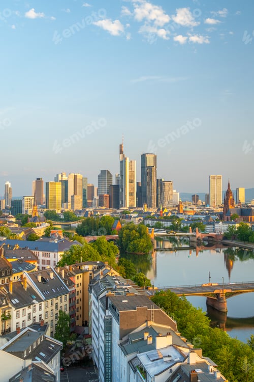 Preview: Frankfurt am Main Downtown City Skyline at Sunrise. Aerial View