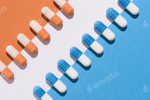 Preview: top view of blue and orange pills on colorful surface