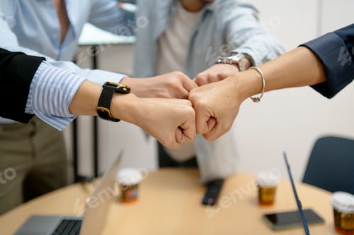 Preview: Business team members performing mutual fist bump