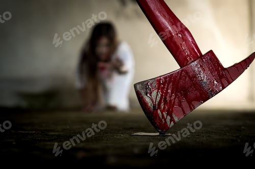 Preview: Closeup Red axe with blood for kill zombie woman in house of ruin, nightmare horror