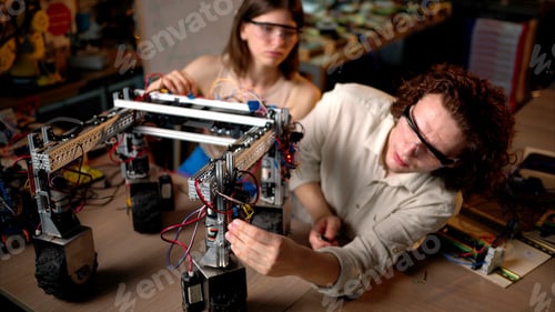 Preview: Two young engineers fixing a mechanical robot with wheels in the workshop wearing industrial glasses