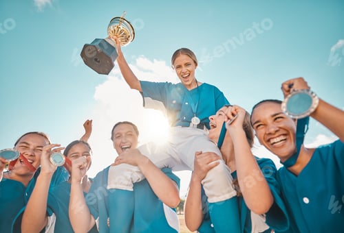 Preview: Trophy team, sports game and win for school baseball kids, happy winner in celebration and support
