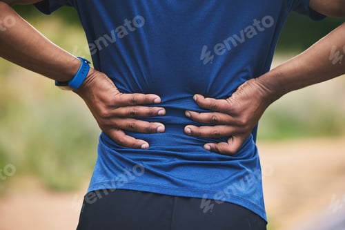 Preview: Back pain, fitness and hands of man in park after workout, exercise and training or running outdoor
