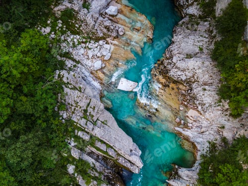 Preview: Wild Soca River Valley in Slovenia. Aerial Drone view Top Down. Summer Alpine Landscape