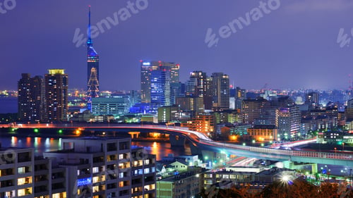 Preview: Illuminated City Skyline at Twilight in Japan