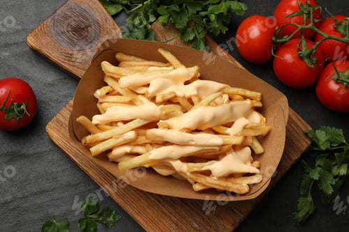 Preview: Tasty potato fries, cheese sauce in paper container and products on black table, top view