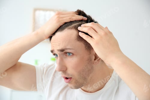 Vista previa: Young man with hair loss problem indoors