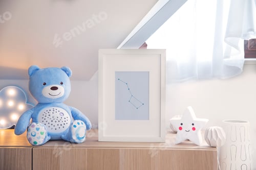 Preview: Stylish childroom with wooden mock up photo frame, wooden toys, boxes, blocks and accessories.